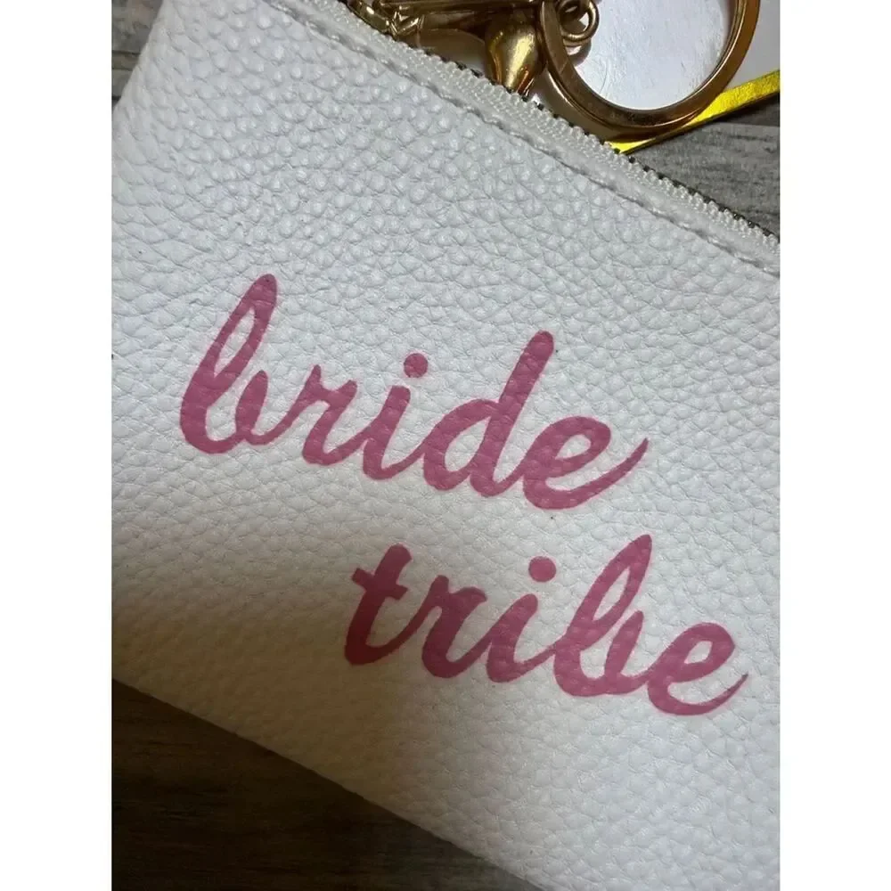 Bride Tribe White Pouch Pink Script and Pink Blue Scrunchie Keyring Set Bundle